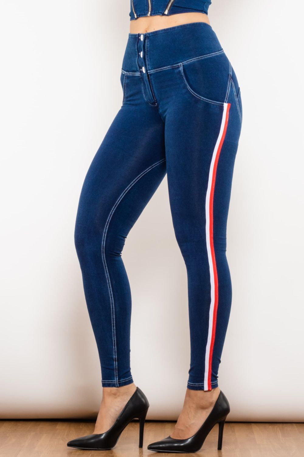 Side Stripe Buttoned High Waist Skinny Jeans - Medium / XS - Bottoms - Pants - 1 - 2024
