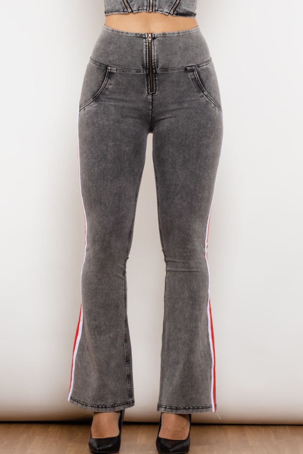 Side Stripe High Waist Zip Closure Jeans - Bottoms - Pants - 2 - 2024