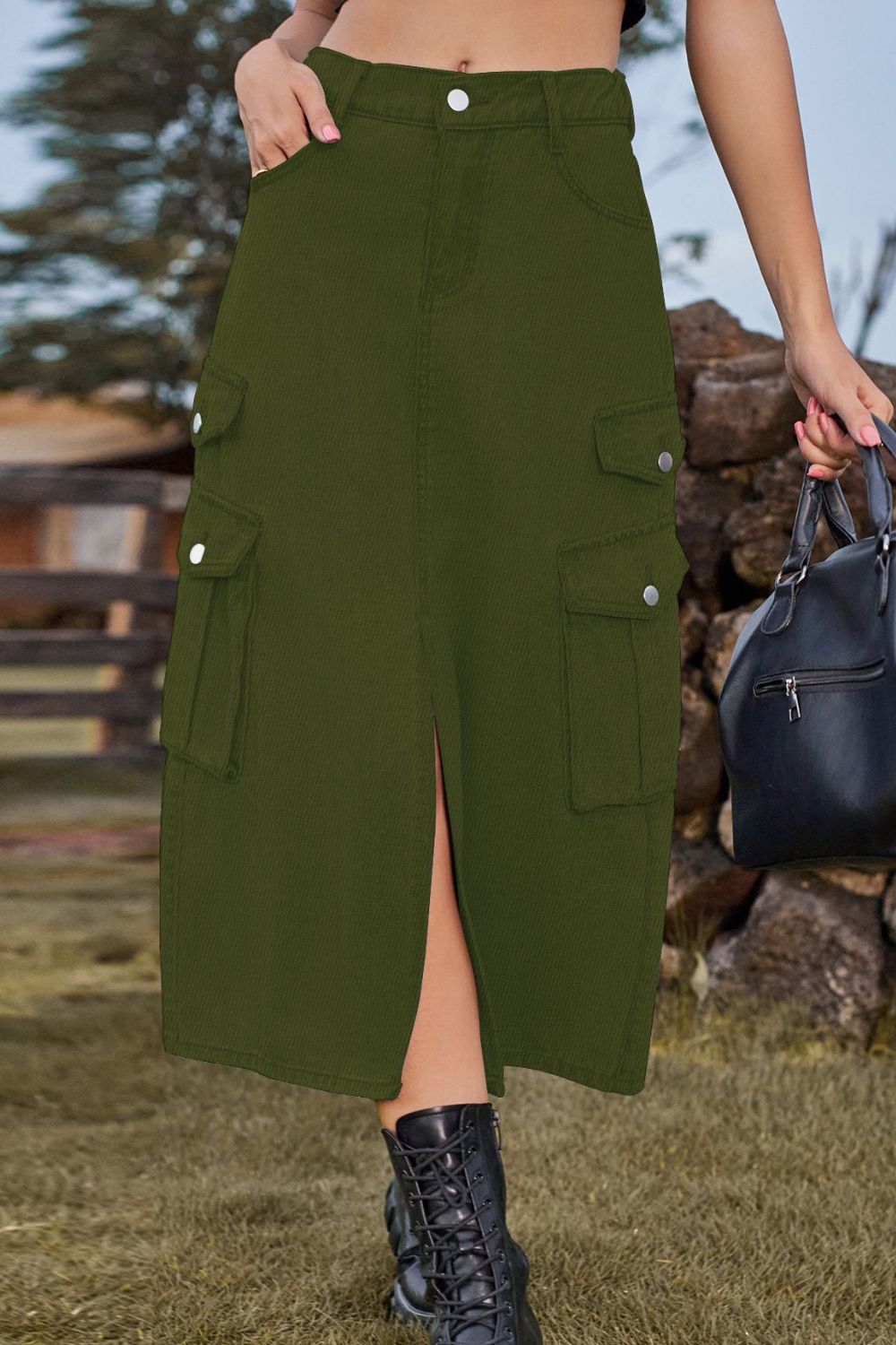 Slit Front Midi Denim Skirt with Pockets - Green / S - Bottoms - Skirts - 9 - 2024