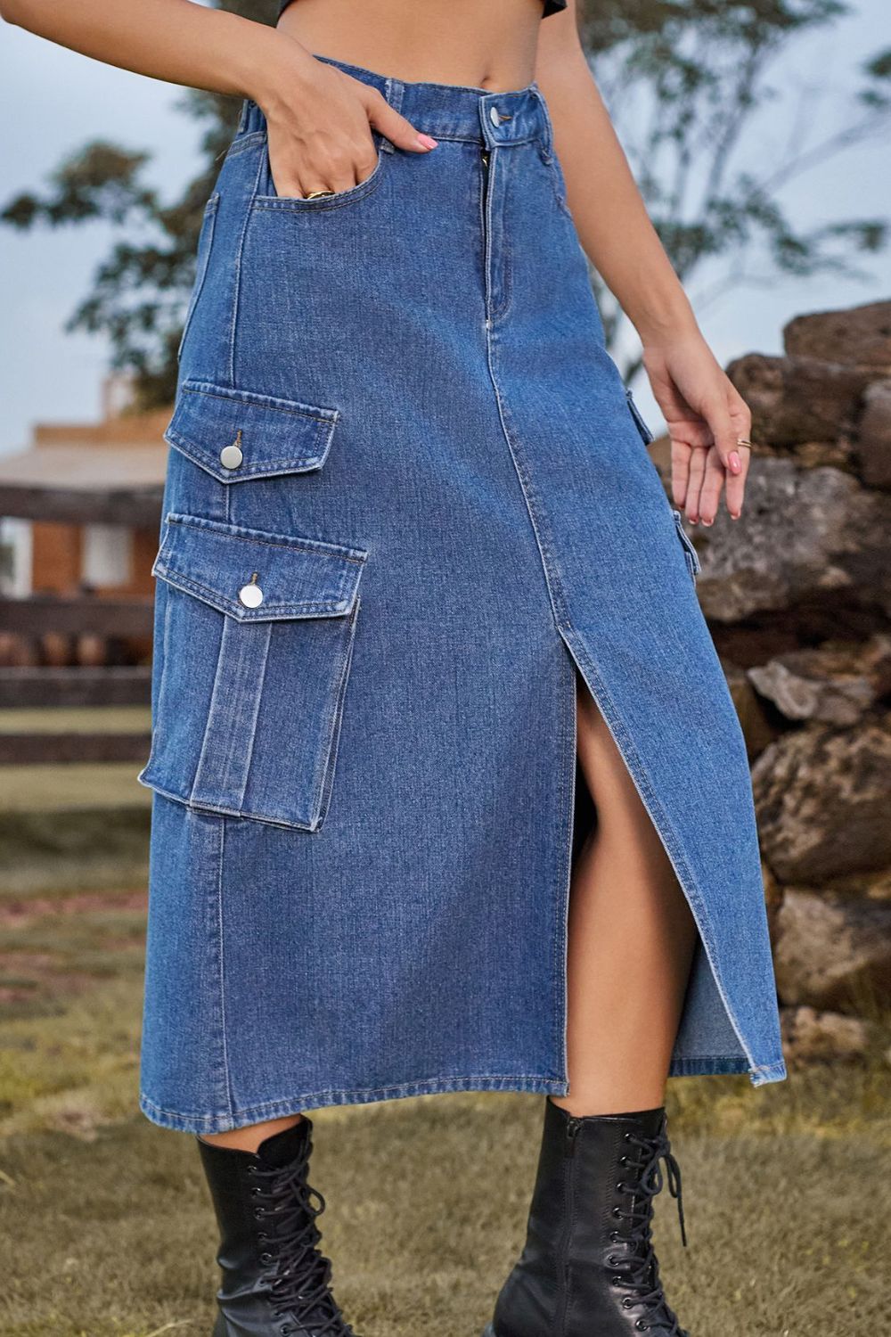 Slit Front Midi Denim Skirt with Pockets - Bottoms - Skirts - 3 - 2024
