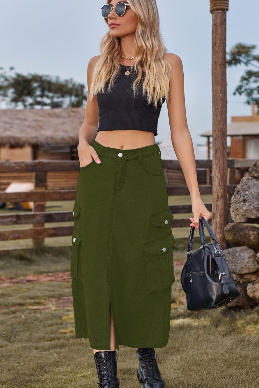Slit Front Midi Denim Skirt with Pockets - Bottoms - Skirts - 12 - 2024