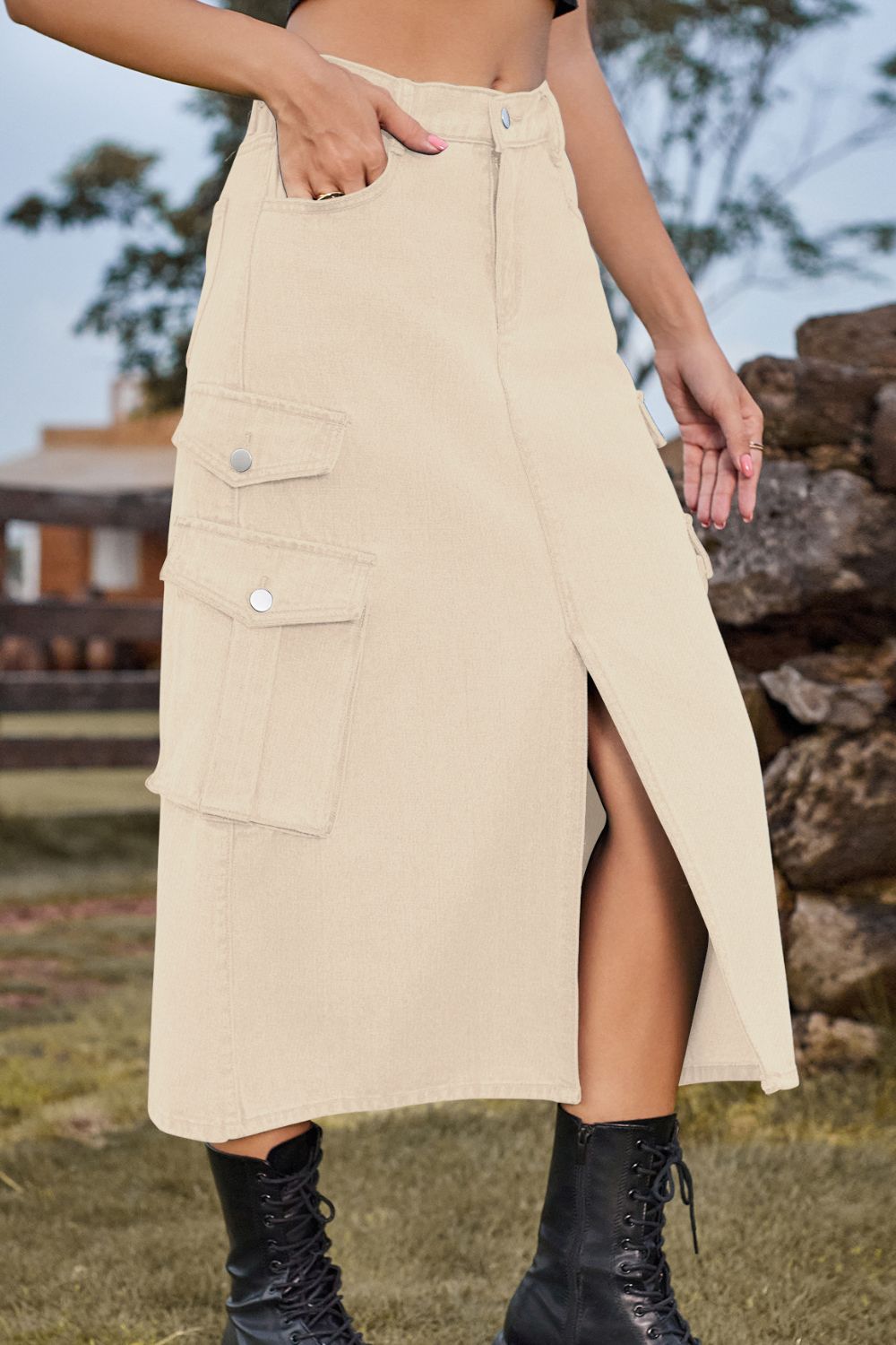 Slit Front Midi Denim Skirt with Pockets - Bottoms - Skirts - 6 - 2024