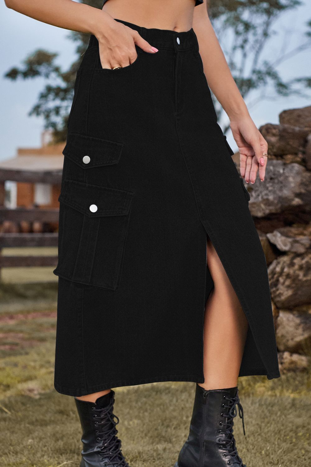 Slit Front Midi Denim Skirt with Pockets - Bottoms - Skirts - 14 - 2024