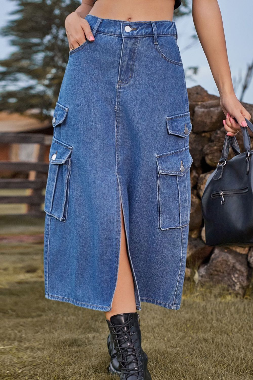 Slit Front Midi Denim Skirt with Pockets - Medium / S - Bottoms - Skirts - 1 - 2024