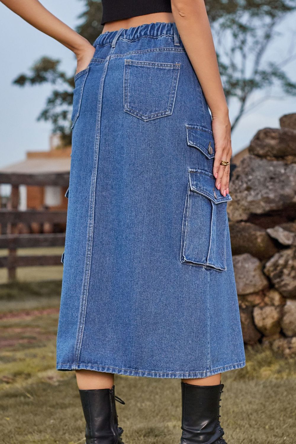 Slit Front Midi Denim Skirt with Pockets - Bottoms - Skirts - 2 - 2024