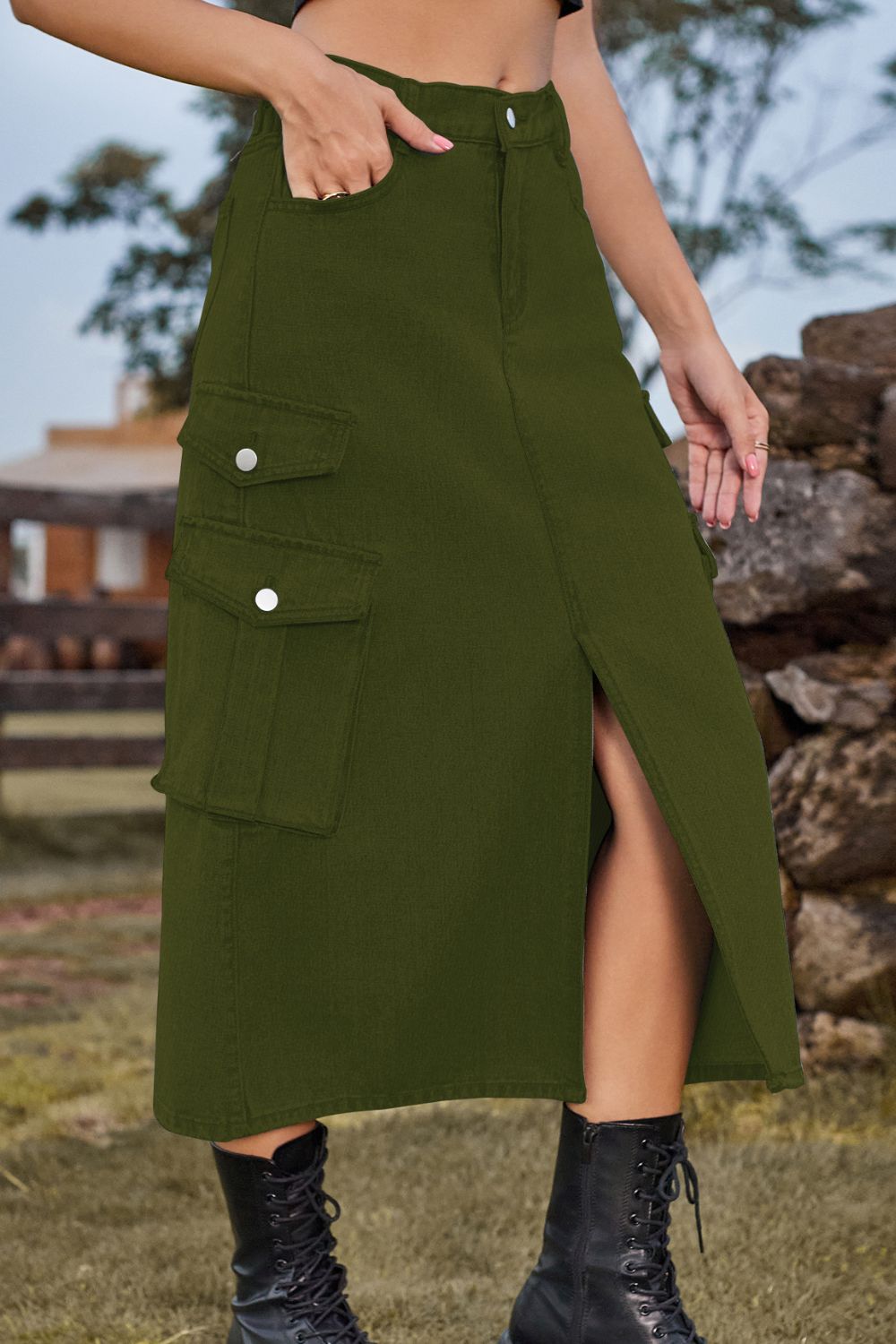 Slit Front Midi Denim Skirt with Pockets - Bottoms - Skirts - 10 - 2024