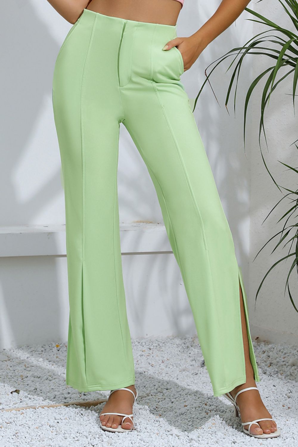 Slit High-Rise Flare Pants - Green / S - Bottoms - Pants - 1 - 2024