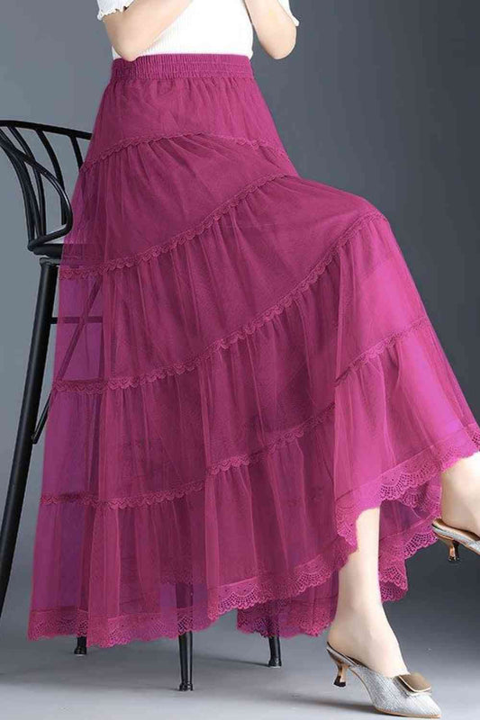 Smocked Lace Trim Midi Skirt - Deep Rose / One Size - Bottoms - Skirts - 4 - 2024
