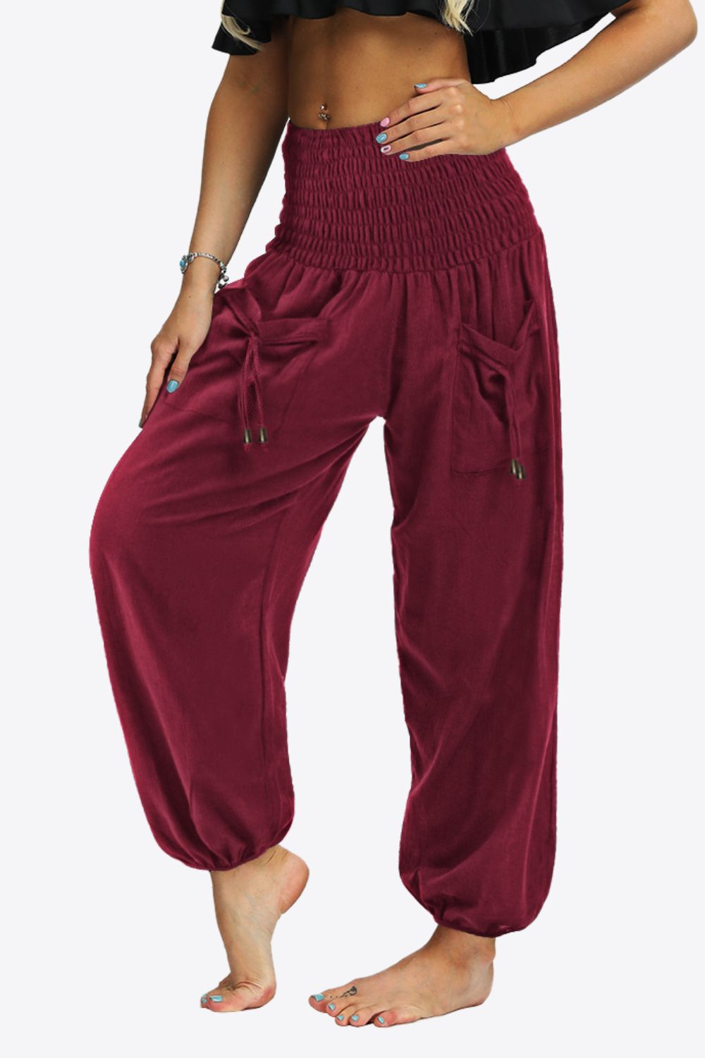 Smocked Long Joggers with Pockets - Dark Red / S - Bottoms - Pants - 7 - 2024