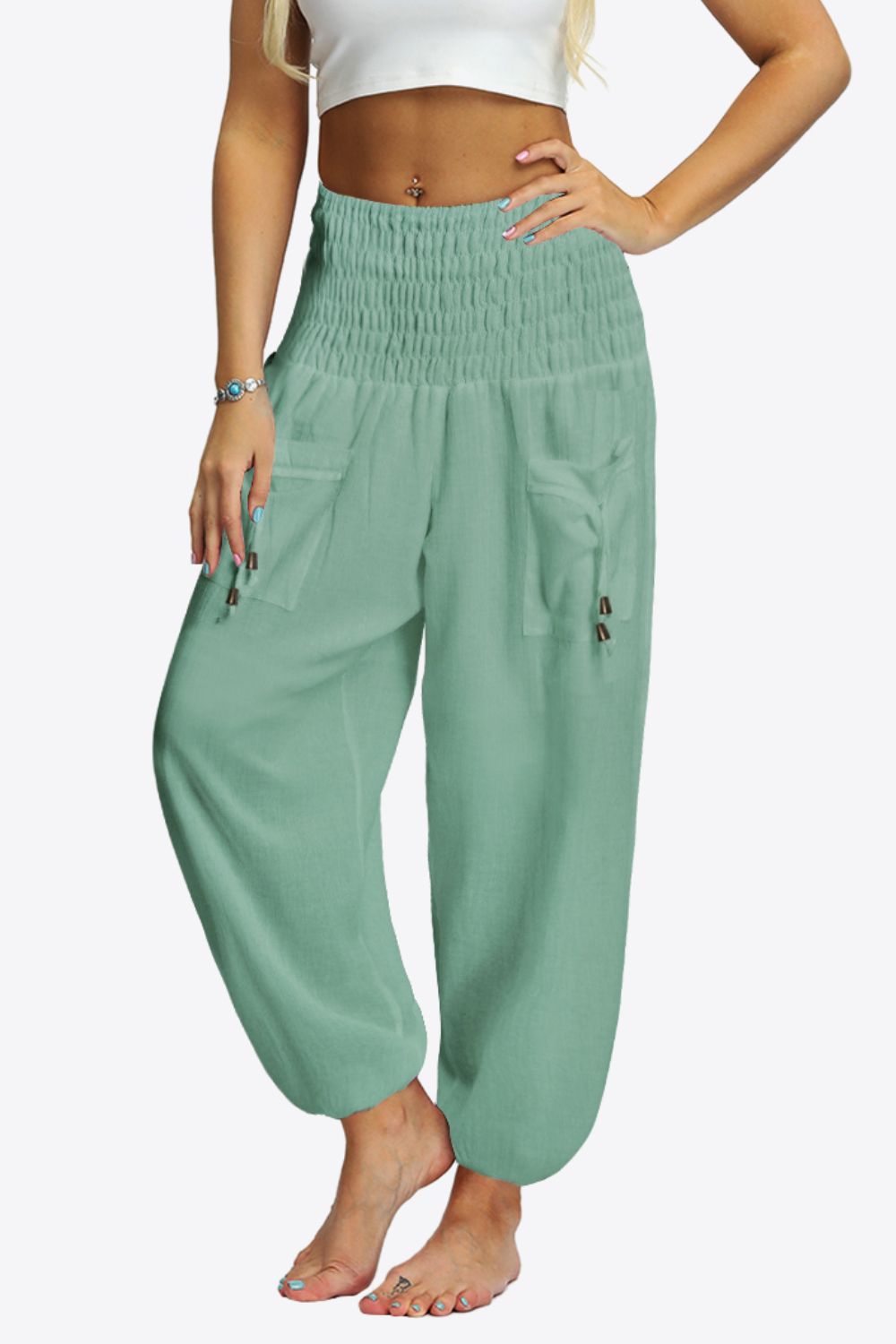 Smocked Long Joggers with Pockets - Green / S - Bottoms - Pants - 4 - 2024