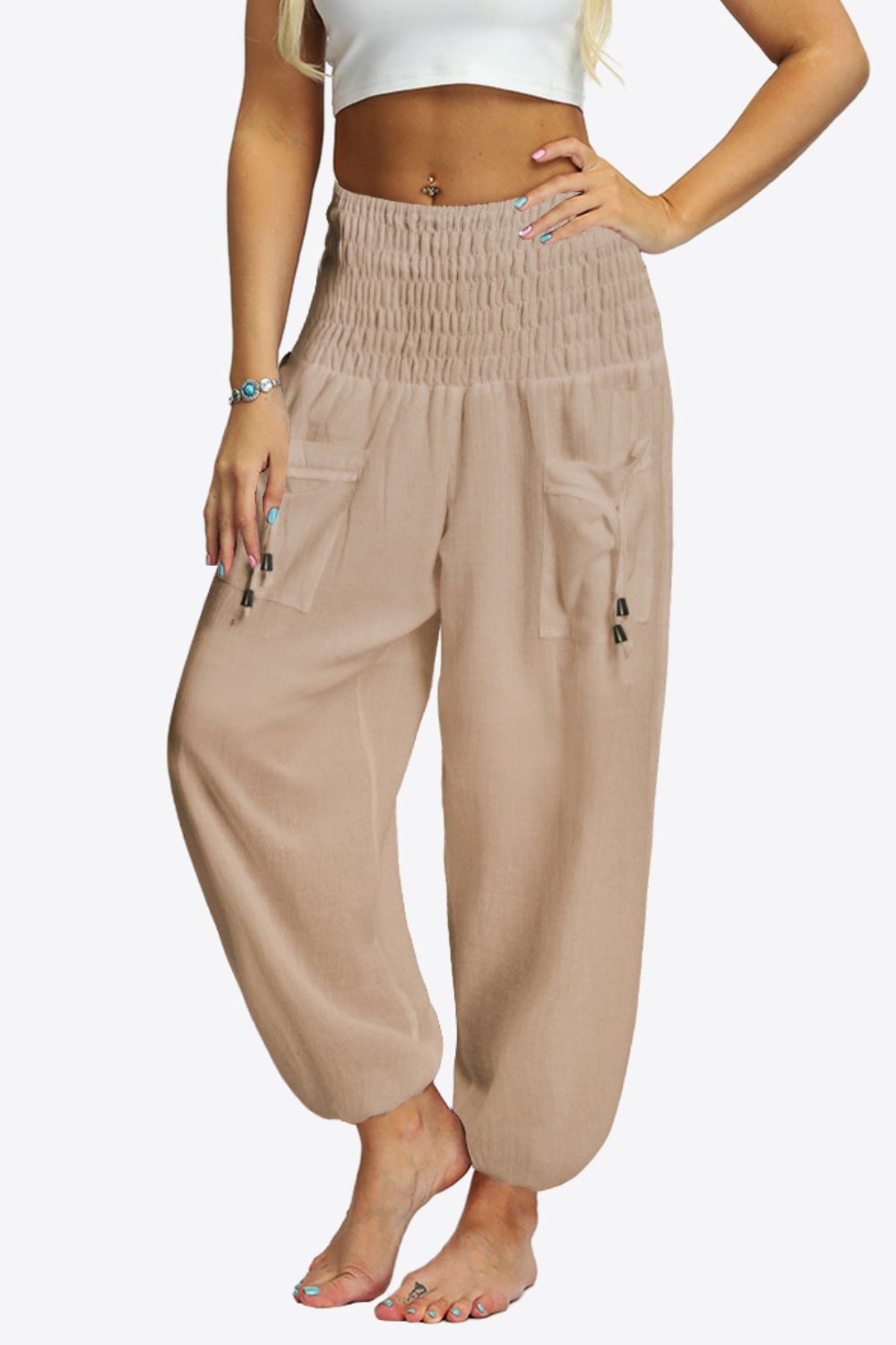 Smocked Long Joggers with Pockets - Light Brown / S - Bottoms - Pants - 10 - 2024