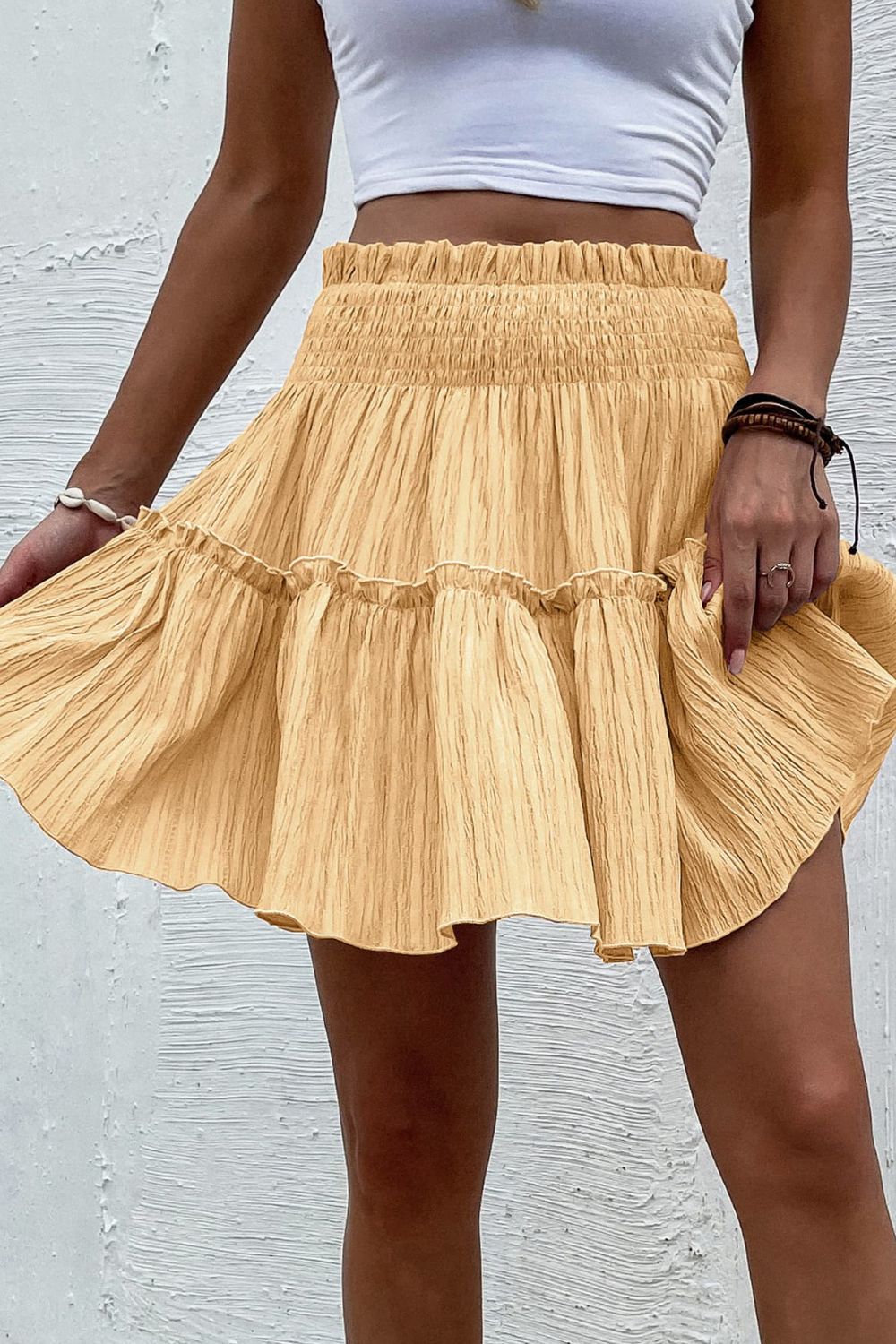 Smocked Waist Frill Trim Skirt - Yellow / S - Bottoms - Skirts - 1 - 2024