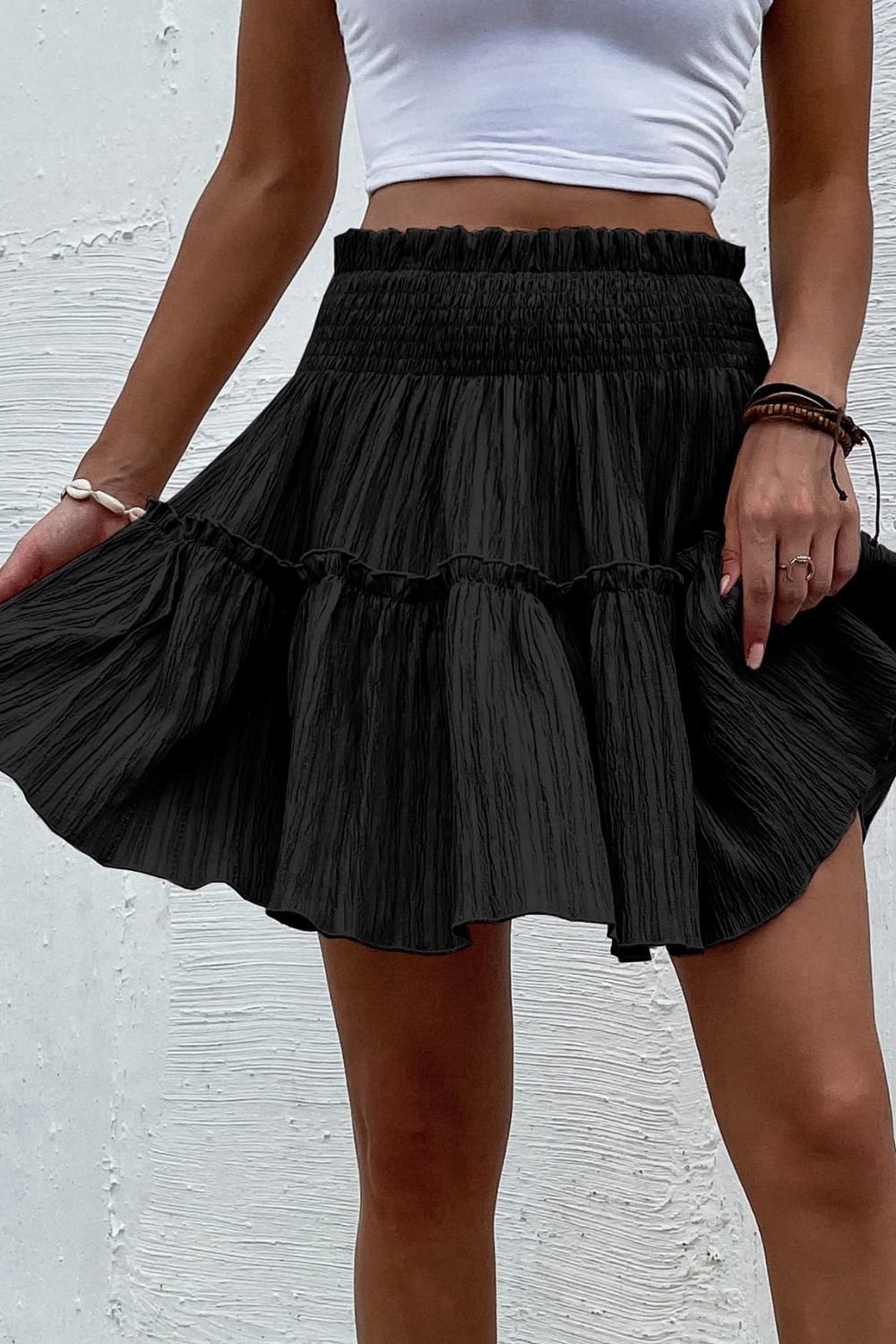 Smocked Waist Frill Trim Skirt - Black / S - Bottoms - Skirts - 4 - 2024