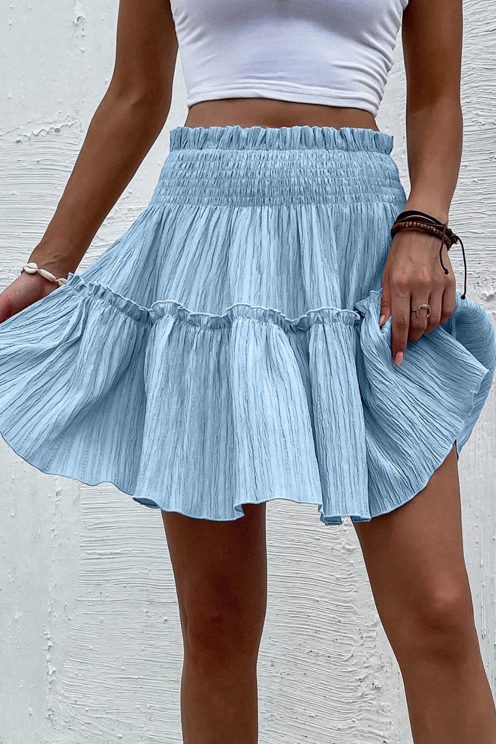 Smocked Waist Frill Trim Skirt - Blue / S - Bottoms - Skirts - 11 - 2024