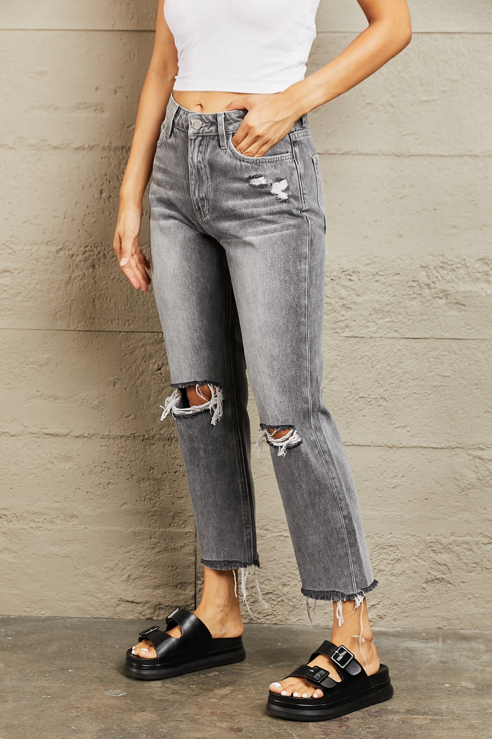 Stone Wash Distressed Cropped Straight Jeans - Bottoms - Pants - 3 - 2024