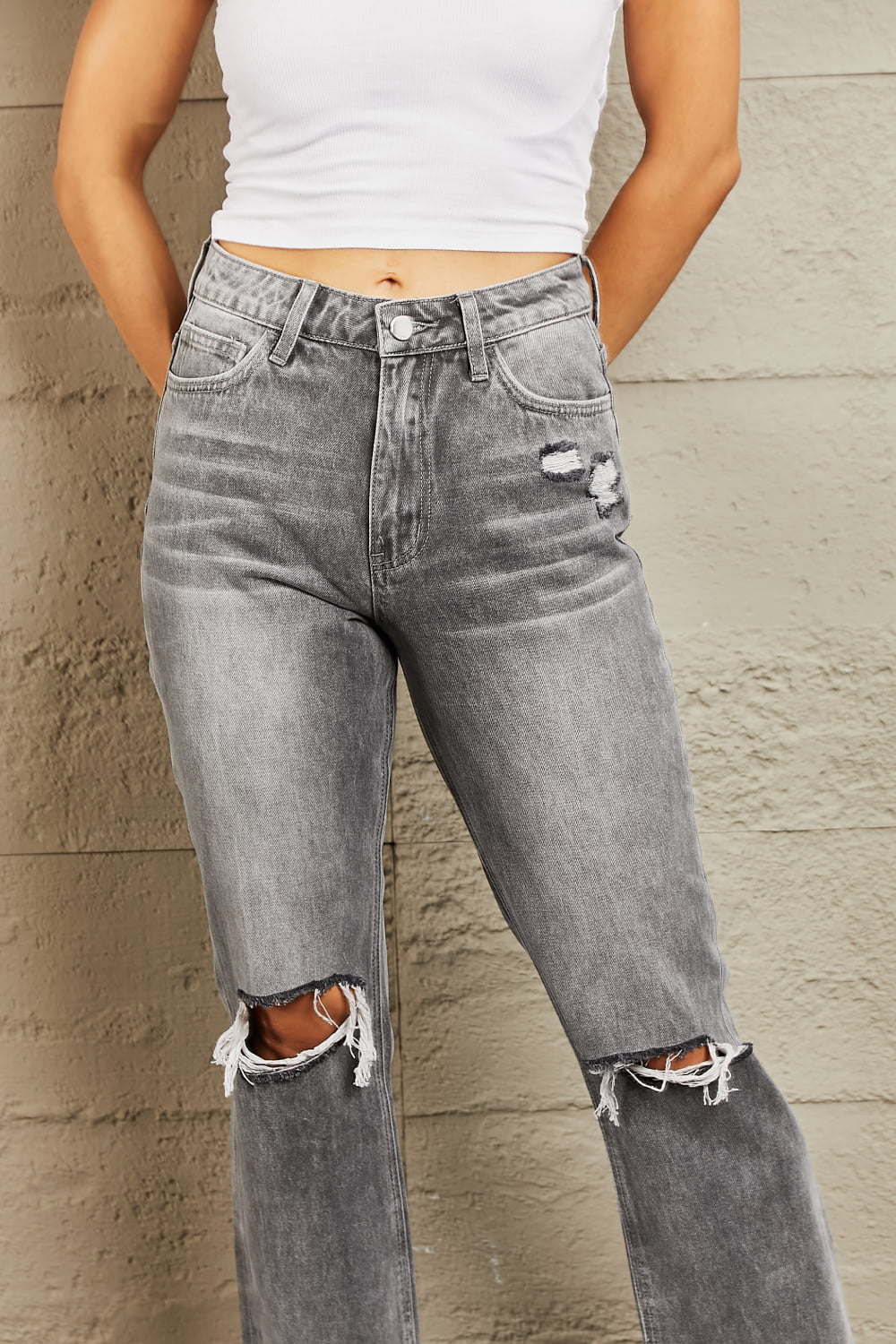 Stone Wash Distressed Cropped Straight Jeans - Bottoms - Pants - 4 - 2024