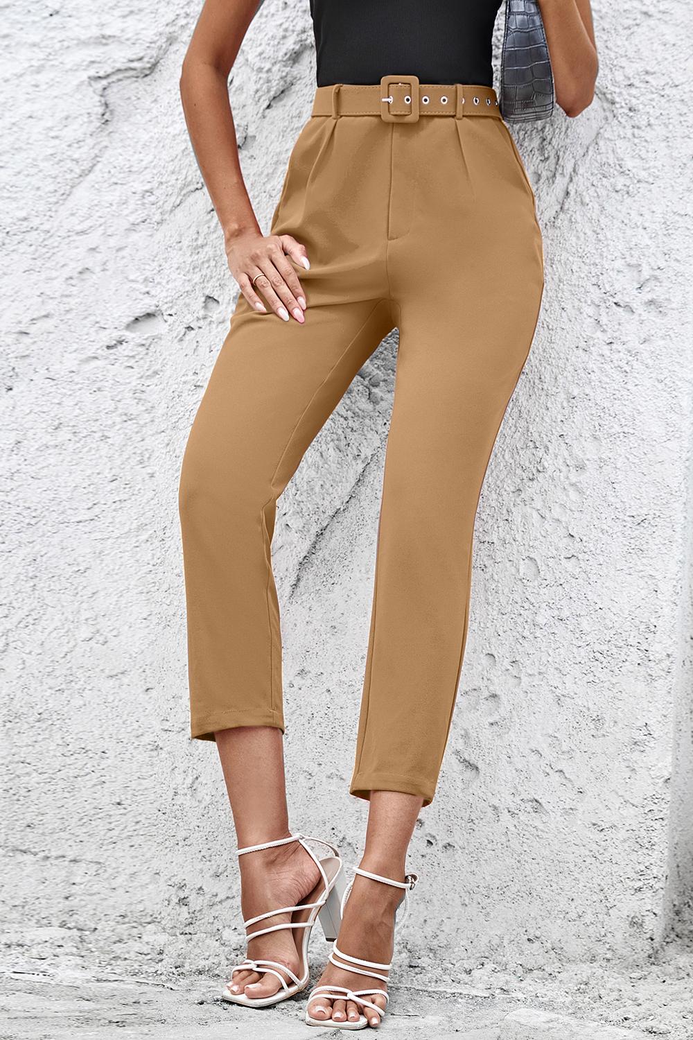 Straight Leg Cropped Pants with Pockets - Brown / S - Bottoms - Pants - 4 - 2024