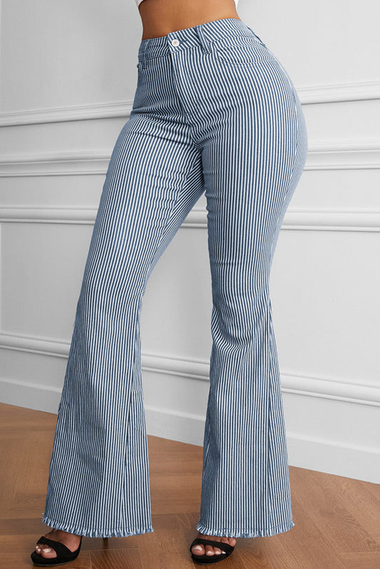 Striped Fringe Detail Flare Pants - Blue / S - Bottoms - Pants - 1 - 2024