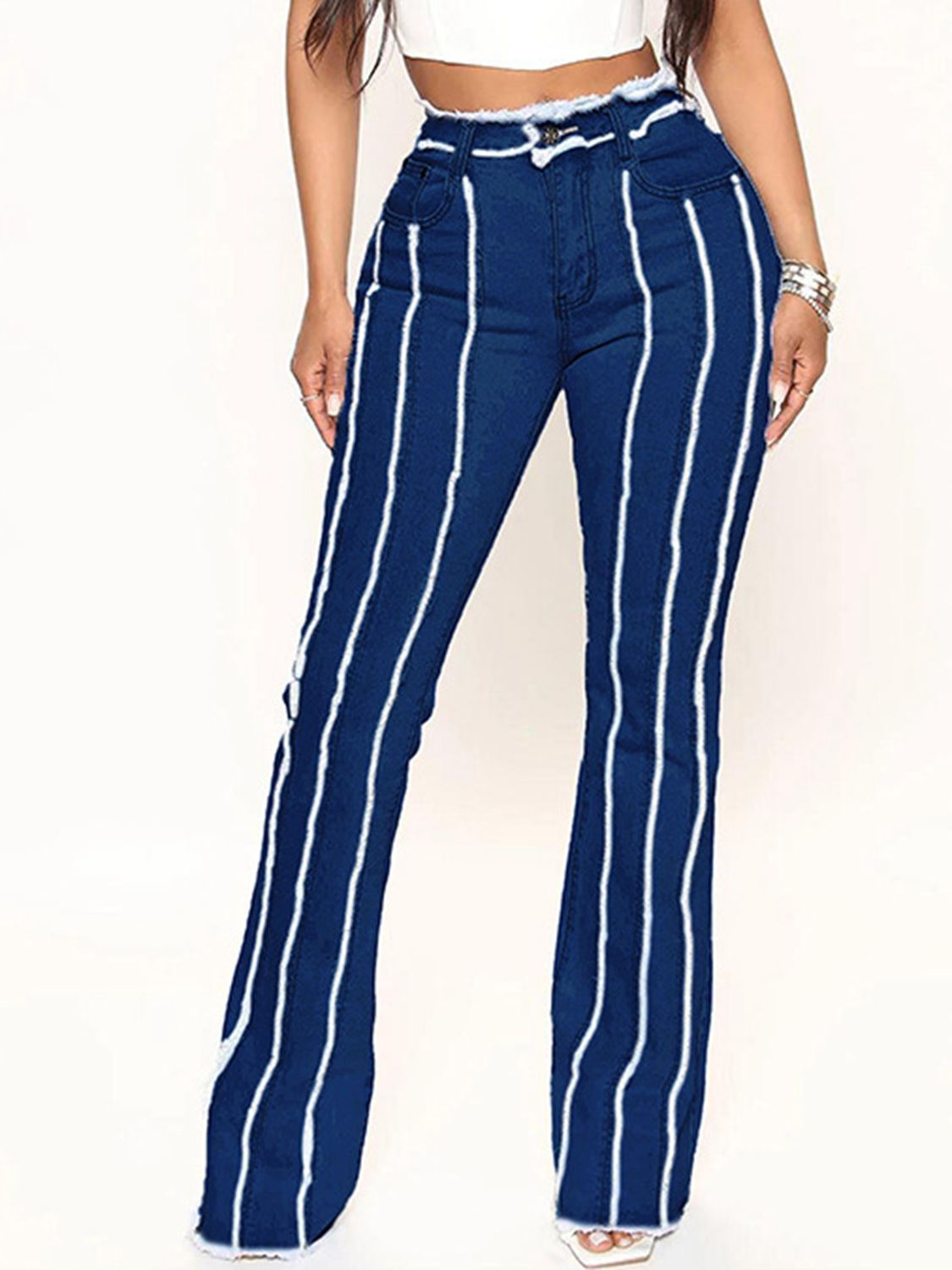 Striped Raw Hem Jeans - Dark / S - Bottoms - Pants - 4 - 2024