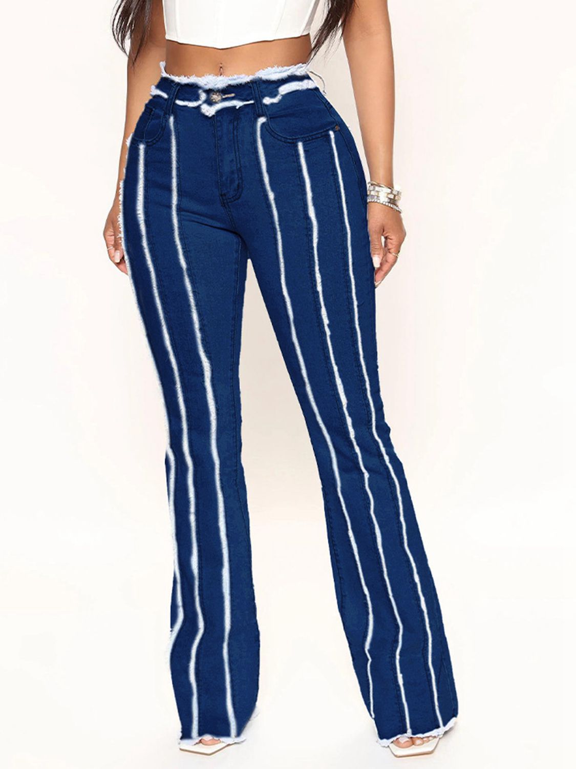 Striped Raw Hem Jeans - Bottoms - Pants - 5 - 2024