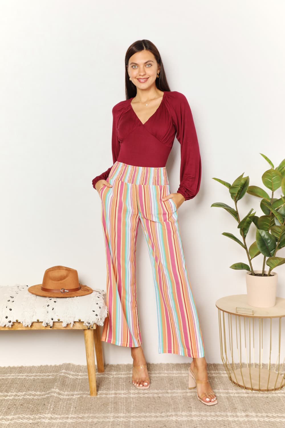 Striped Smocked Waist Pants with Pockets - Bottoms - Pants - 4 - 2024