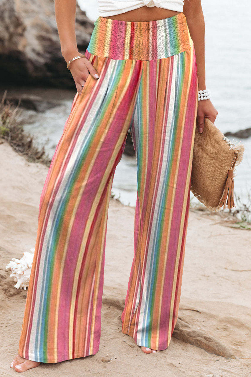 Striped Smocked Waist Pants with Pockets - Multicolor / S - Bottoms - Pants - 1 - 2024