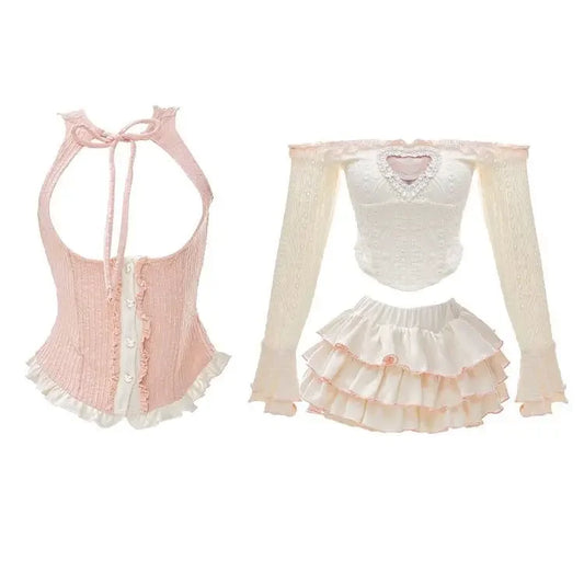 Sweet 3 Piece Set: Crop Top + Mini Skirt + Slim Vest - 3 Piece Set / S - Bottoms - Outfit Sets - 2 - 2024