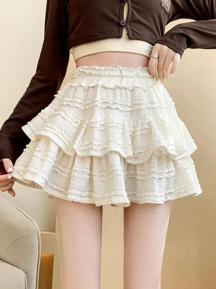 Sweet Lace Ruffle Mini Skirt – Kawaii High-Waist A-Line Style - Beige / M - Bottoms - Dance Dresses Skirts & Costumes