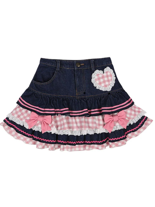 Sweet Mini Denim Skirt - Gothic Lace Plaid Hearts Ruffled Skirt - Dark Blue / M - Bottoms - Skirts - 7 - 2024