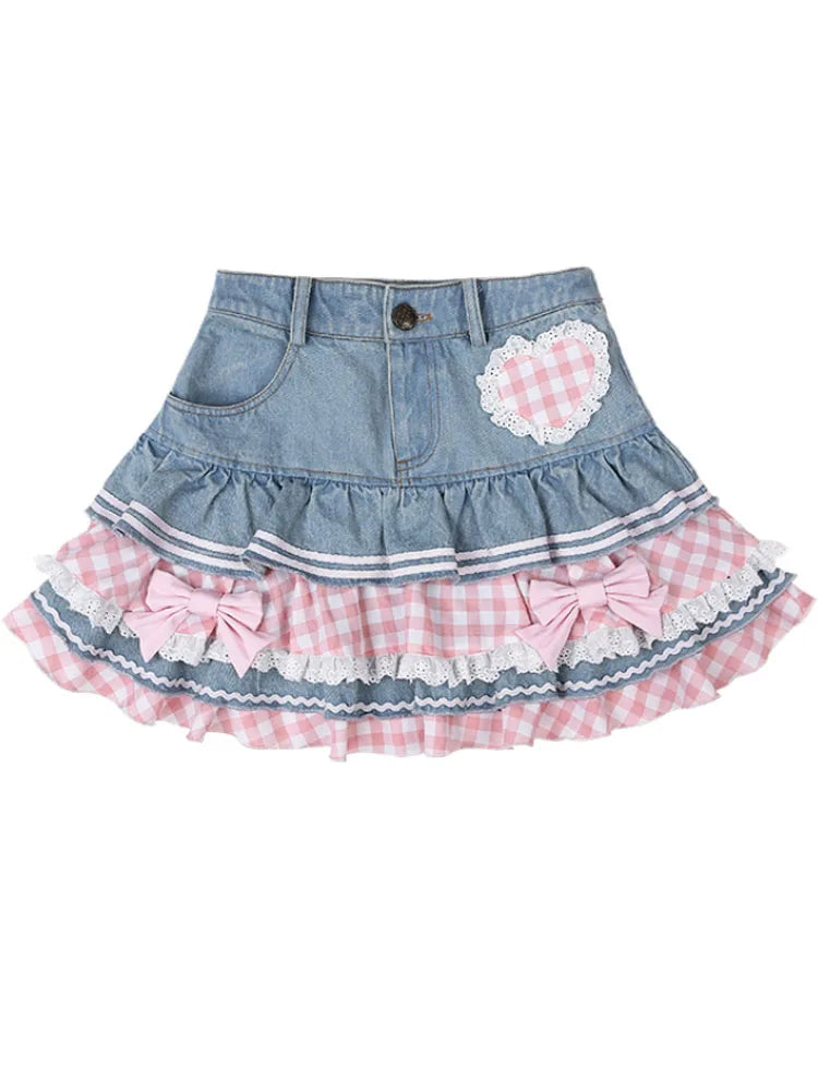 Sweet Mini Denim Skirt - Gothic Lace Plaid Hearts Ruffled Skirt - Blue / XL - Bottoms - Skirts - 8 - 2024