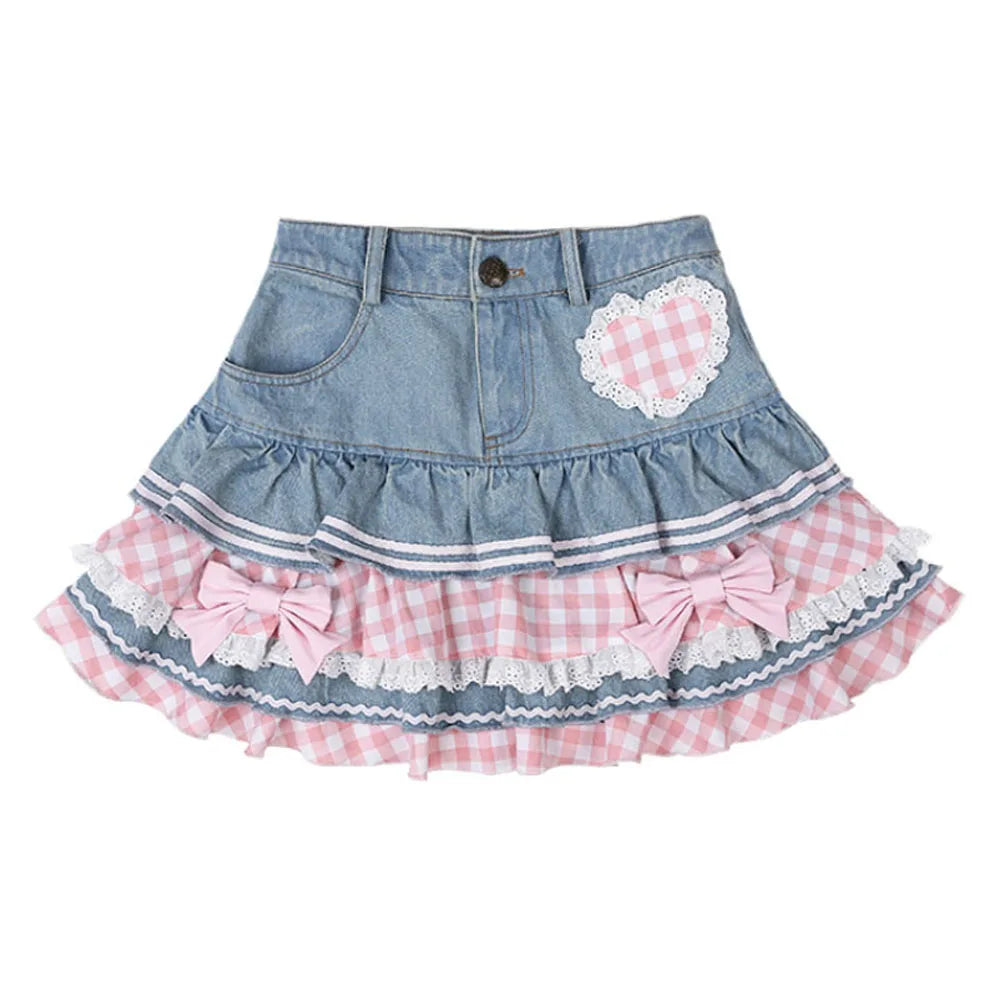 Sweet Mini Denim Skirt - Gothic Lace Plaid Hearts Ruffled Skirt - Bottoms - Skirts - 6 - 2024
