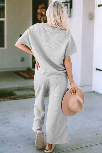 Texture Short Sleeve Top and Pants Set - Bottoms - Outfit Sets - 15 - 2024
