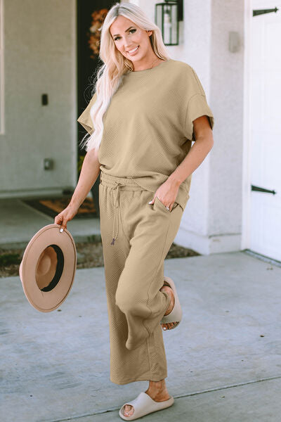 Texture Short Sleeve Top and Pants Set - Camel / S - Bottoms - Outfit Sets - 1 - 2024
