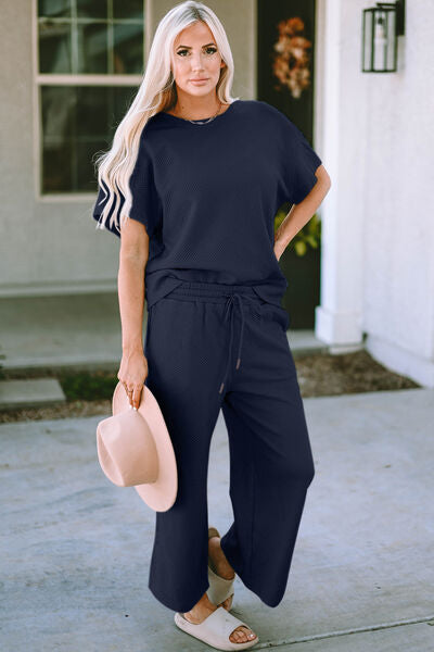 Texture Short Sleeve Top and Pants Set - Navy / S - Bottoms - Outfit Sets - 5 - 2024