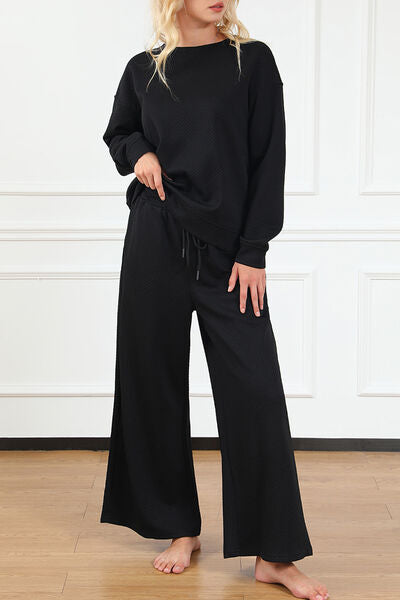 Textured Long Sleeve Top and Drawstring Pants Set - Bottoms - Loungewear - 6 - 2024