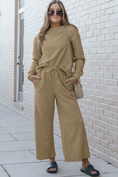 Textured Long Sleeve Top and Drawstring Pants Set - Tan / S - Bottoms - Loungewear - 26 - 2024