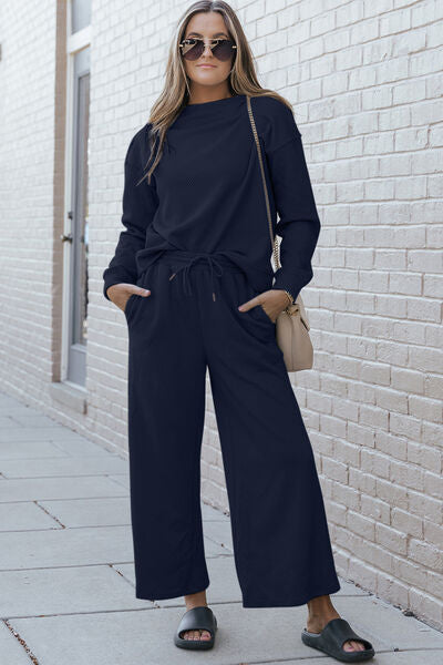 Textured Long Sleeve Top and Drawstring Pants Set - Navy / S - Bottoms - Loungewear - 22 - 2024