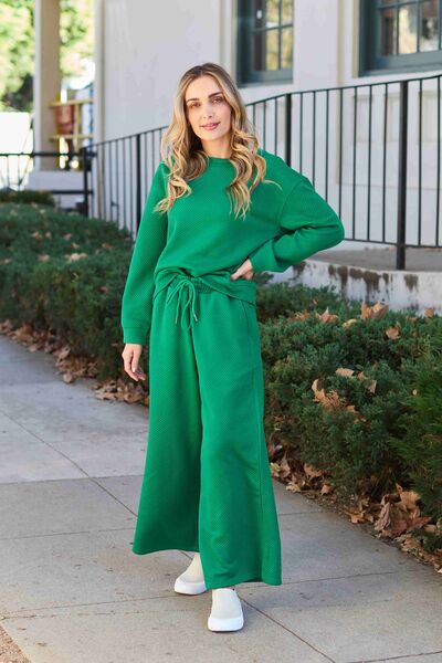 Textured Long Sleeve Top and Drawstring Pants Set - Mid Green / S - Bottoms - Loungewear - 8 - 2024