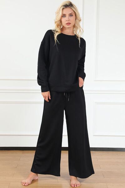 Textured Long Sleeve Top and Drawstring Pants Set - Black / S - Bottoms - Loungewear - 1 - 2024