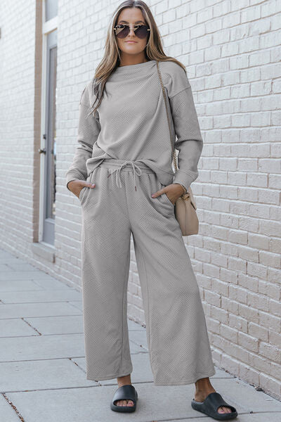 Textured Long Sleeve Top and Drawstring Pants Set - Light Gray / S - Bottoms - Loungewear - 15 - 2024