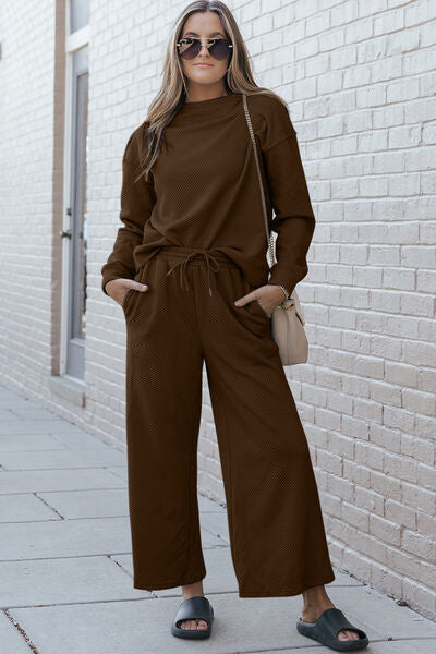 Textured Long Sleeve Top and Drawstring Pants Set - Chestnut / S - Bottoms - Loungewear - 18 - 2024