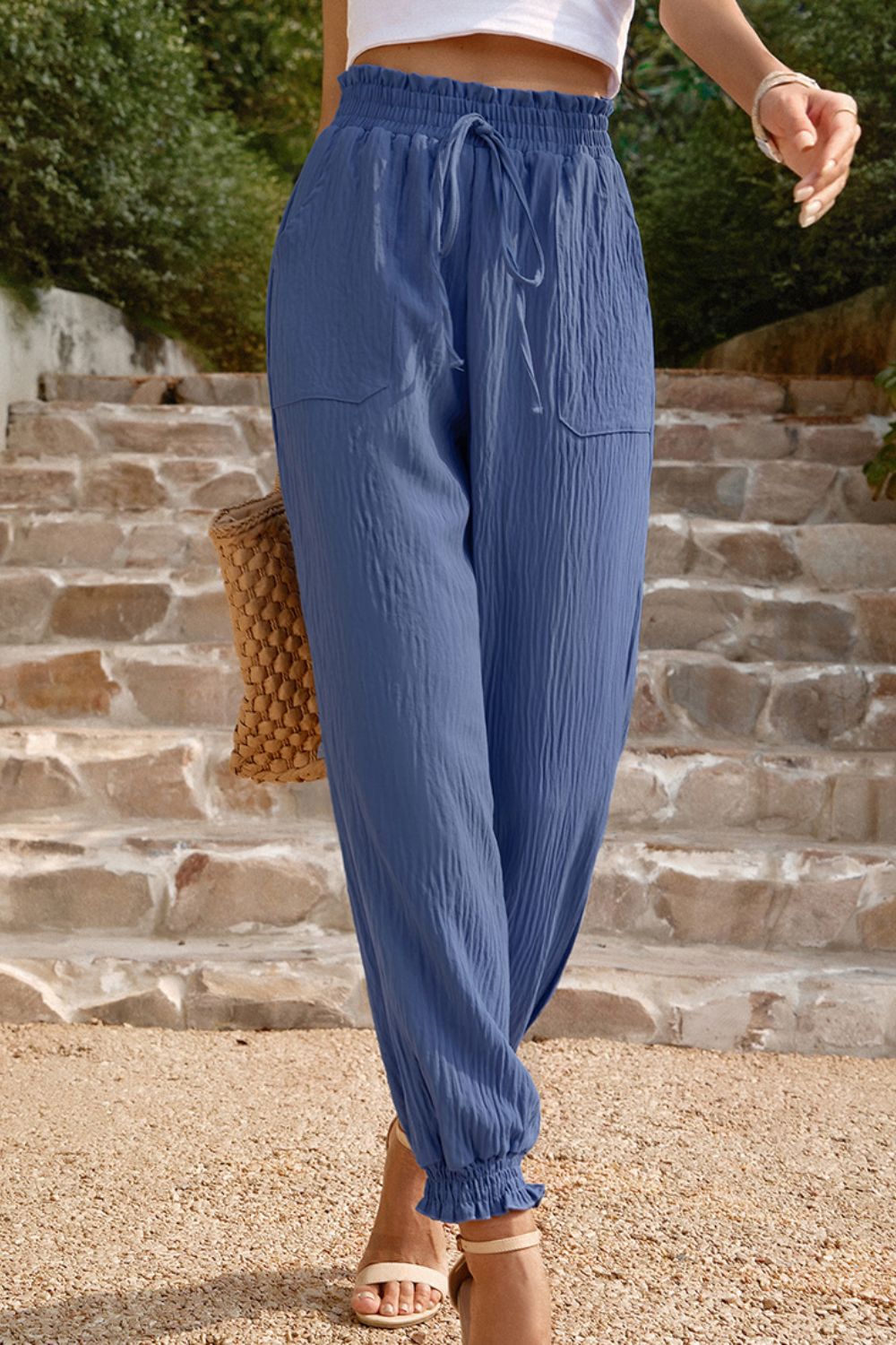 Textured Smocked Waist Pants with Pockets - Bottoms - Pants - 7 - 2024