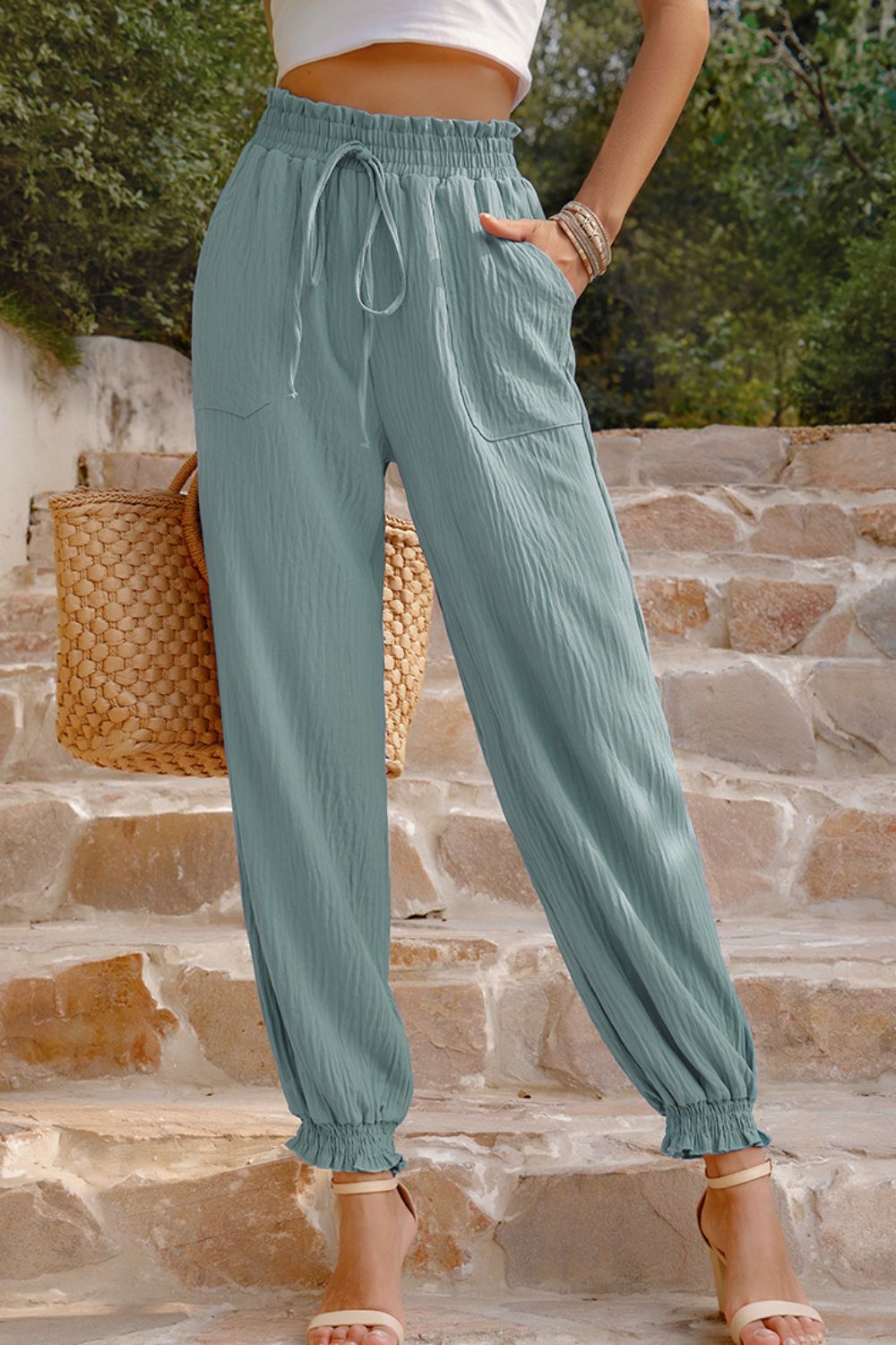 Textured Smocked Waist Pants with Pockets - Teal / S - Bottoms - Pants - 9 - 2024