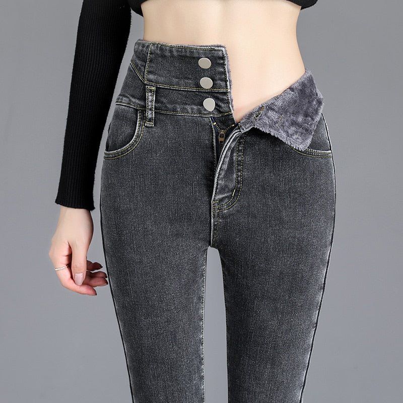 Thick Fleece High-waist Skinny Jeans - Dark Gray / 25 - Bottoms - Shirts & Tops - 38 - 2024