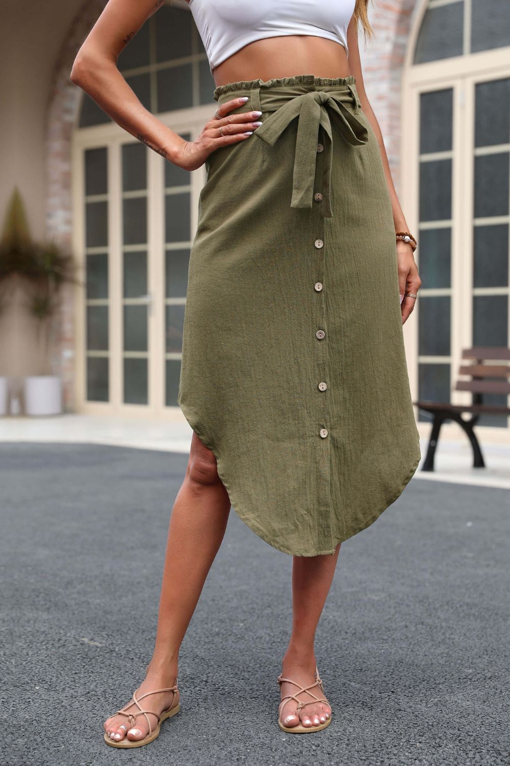Tie Belt Frill Trim Buttoned Skirt - Green / S - Bottoms - Skirts - 1 - 2024