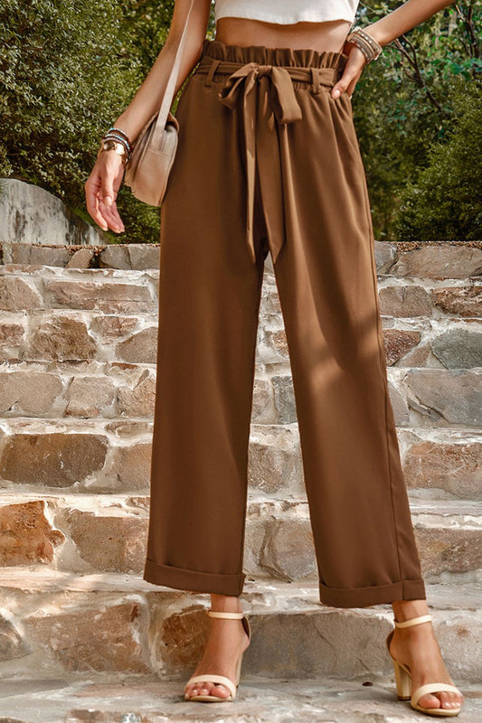 Tie Belt Paperbag Waist Straight Leg Pants - Brown / S - Bottoms - Pants - 1 - 2024
