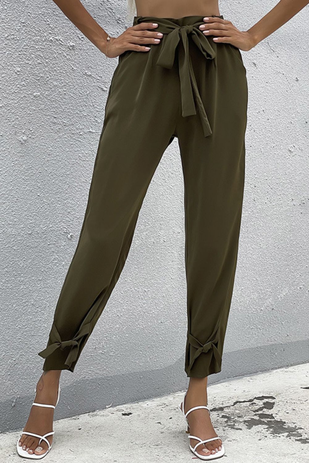 Tie Detail Belted Pants with Pockets - Green / S - Bottoms - Pants - 1 - 2024