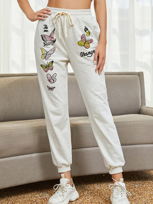 Tie Front Butterfly Graphic Long Pants - White / S - Bottoms - Pants - 1 - 2024