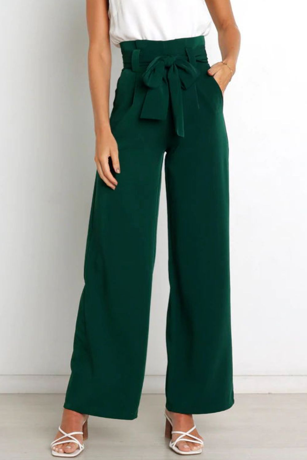Tie Front Paperbag Wide Leg Pants - Green / S - Bottoms - Pants - 4 - 2024