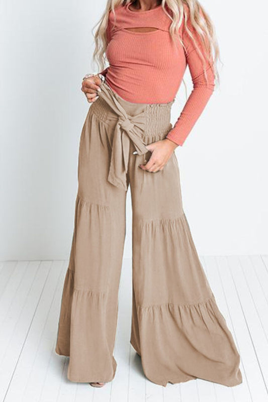 Tie Front Smocked Tiered Culottes - Khaki / S - Bottoms - Pants - 1 - 2024
